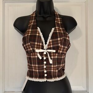 Plaid Halter Top with Lace Trim